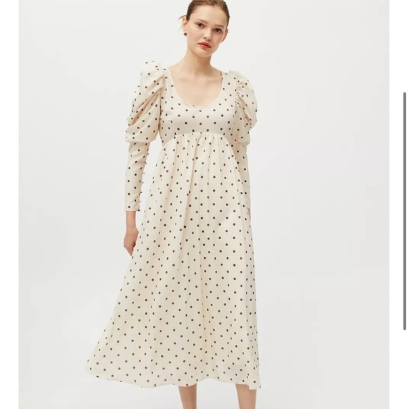 Ghospell NWT L Cream Long Sleeve Puff Sundress brown polka Dots Midi - Picture 1 of 16